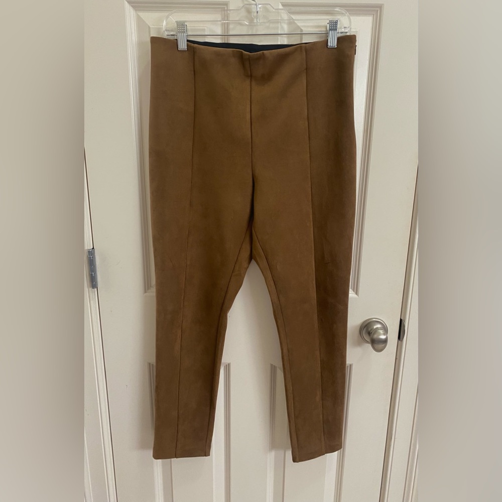 LOFT faux suede side zip pants with taper leg. Color is camel tan. Size-10